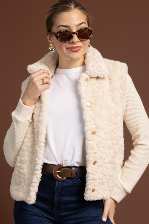 Knit Sleeve Fur Jacket, Ecru