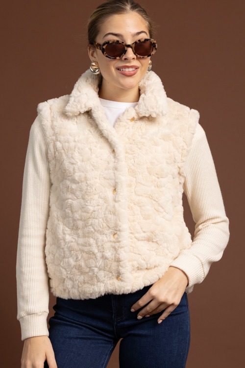 Knit Sleeve Fur Jacket, Ecru - 1020-166.jpg