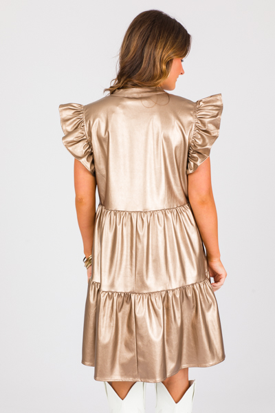 Leather Flutter Tier Dress, Gold