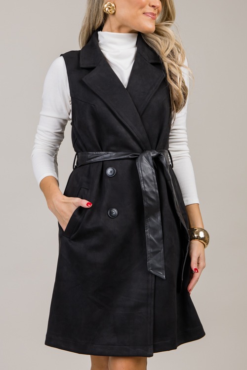 Belted Suede Longline Vest, Black