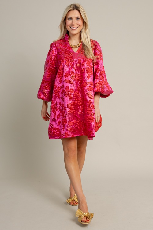 Brocade Floral Dress, Hot Pink