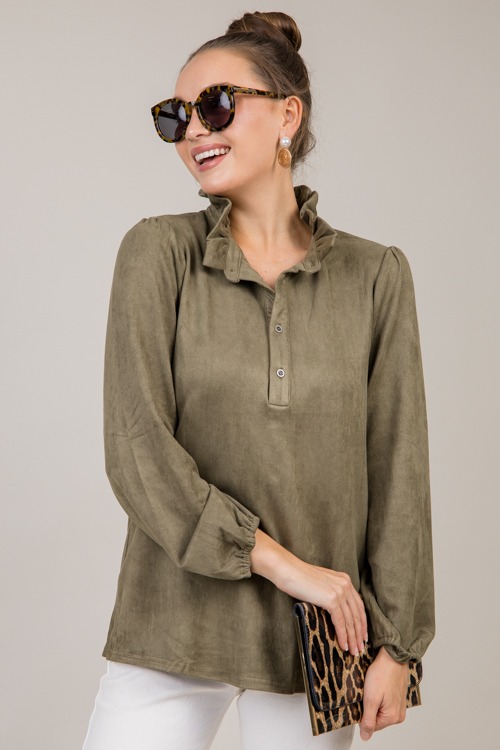 Suede Ruffle Collar Top, Olive