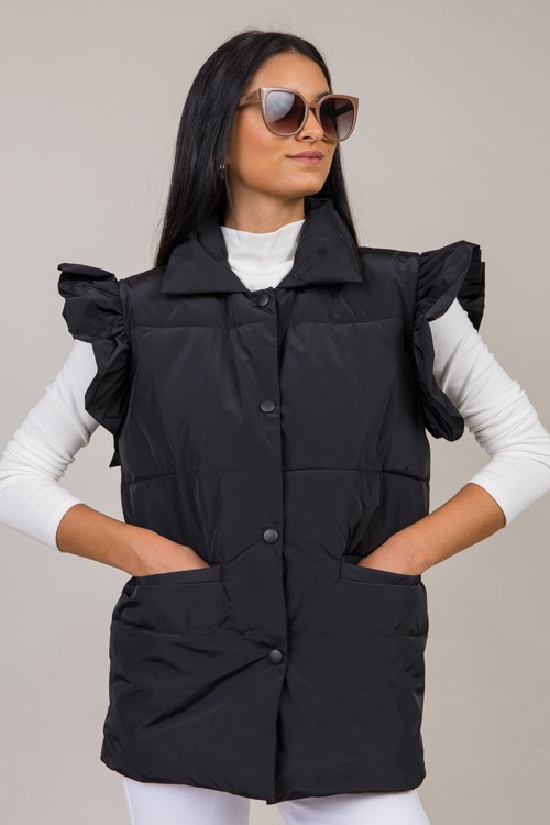 Ruffle Puffer Vest, Black