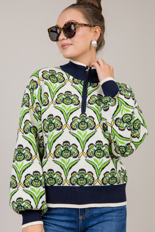 Floral Half Zip Sweater, Green - 1022-68.jpg