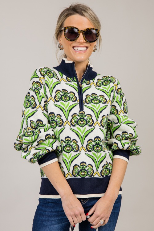 Floral Half Zip Sweater, Green - 1022-70.jpg