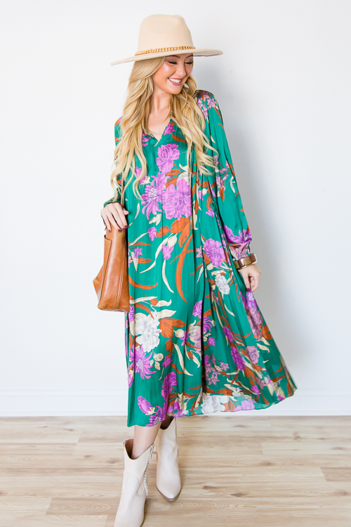 Satin Floral Belted Midi, Green