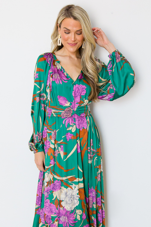 Satin Floral Belted Midi, Green