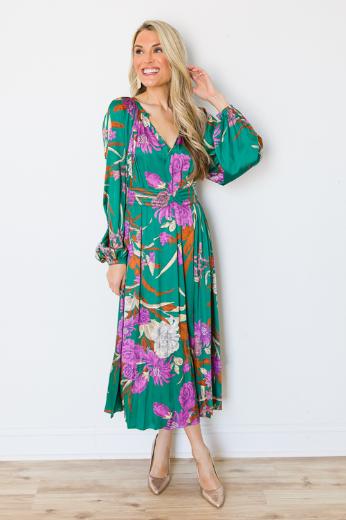 Satin Floral Belted Midi, Green