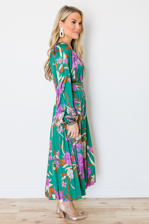Satin Floral Belted Midi, Green