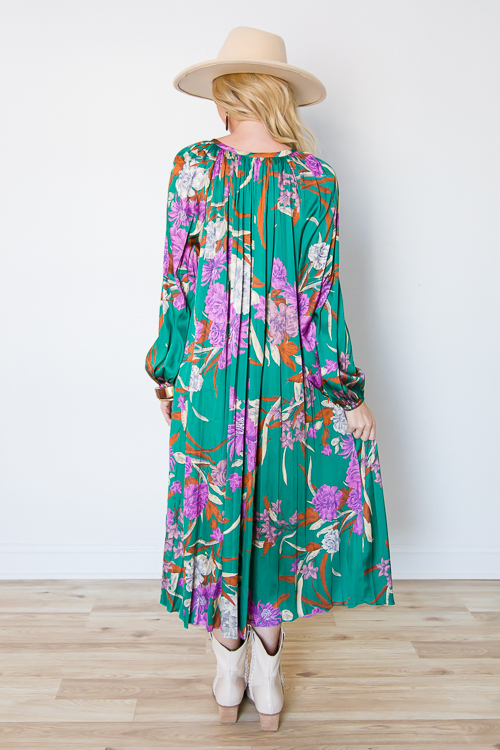 Satin Floral Belted Midi, Green