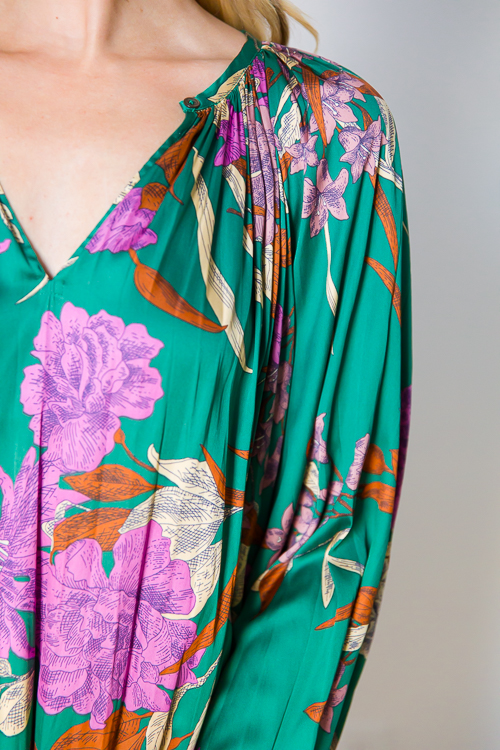 Satin Floral Belted Midi, Green