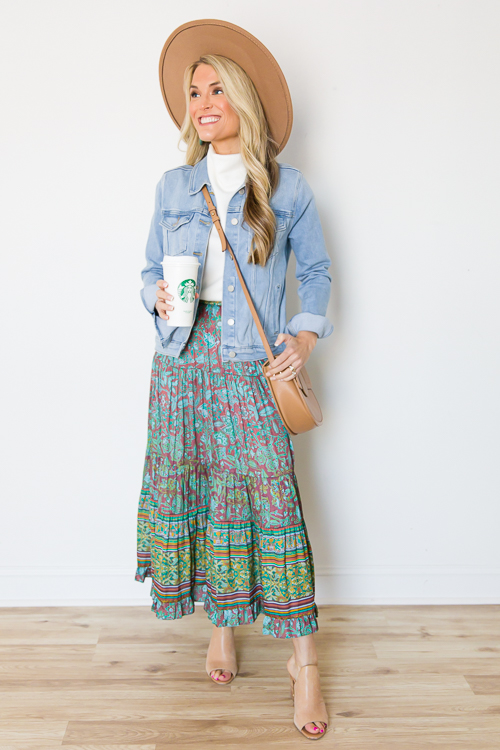 Floral Borders Maxi Skirt, Teal