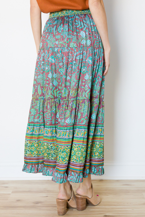 Floral Borders Maxi Skirt, Teal