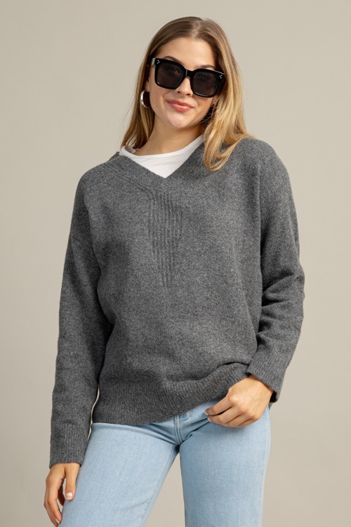 Layered V-Neck Sweater, Charcoal