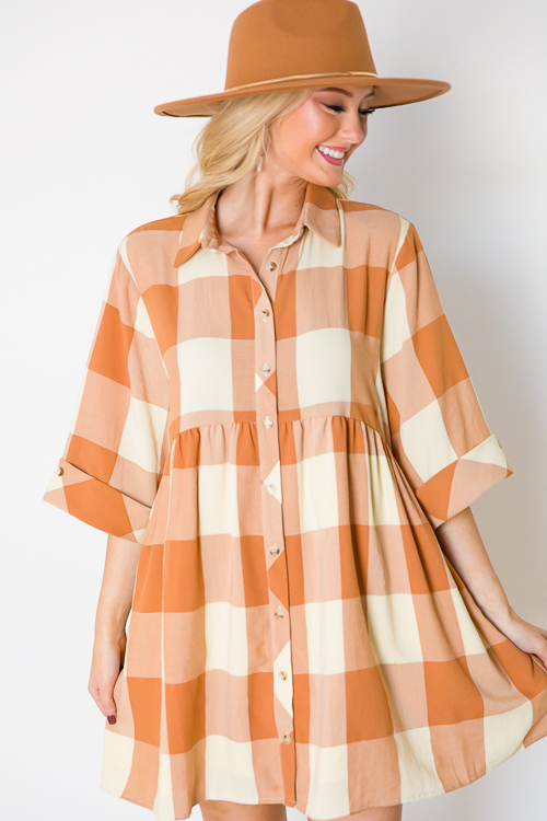 Checkered Button Up Dress, Caramel