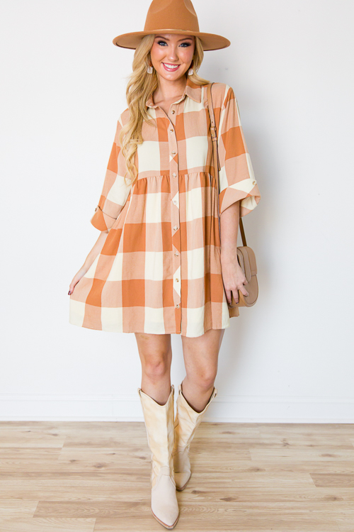 Checkered Button Up Dress, Caramel