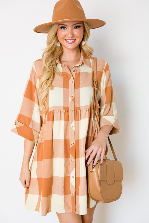 Checkered Button Up Dress, Caramel