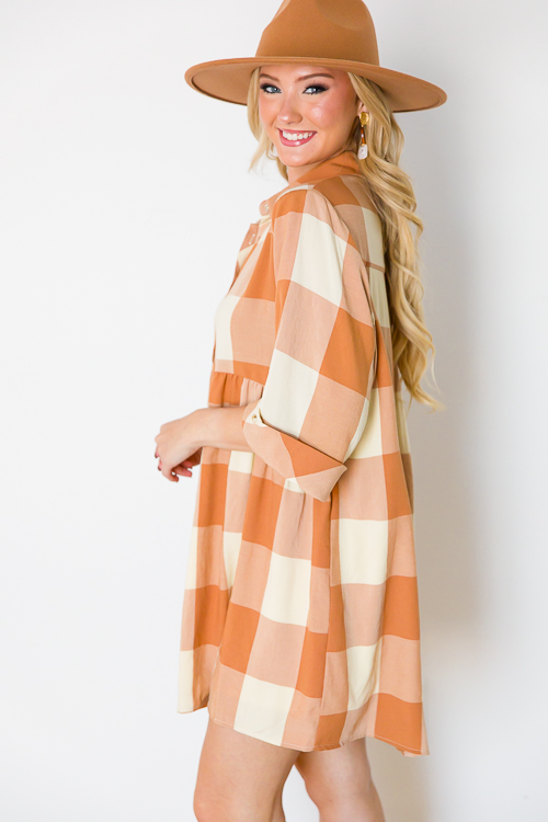 Checkered Button Up Dress, Caramel