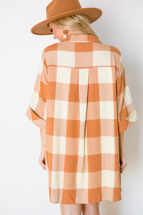 Checkered Button Up Dress, Caramel