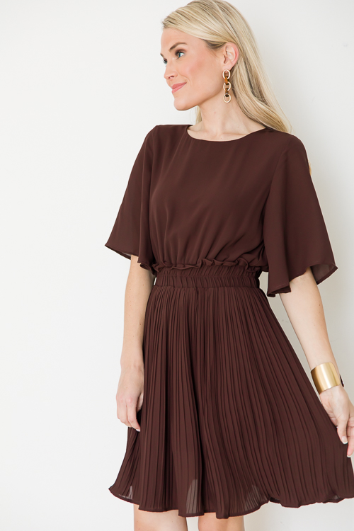 Alma Pleated Dress, Dark Brown