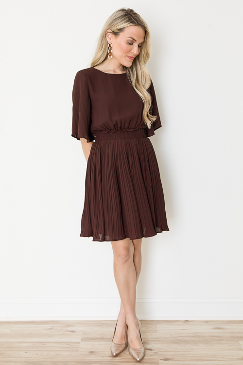 Alma Pleated Dress, Dark Brown