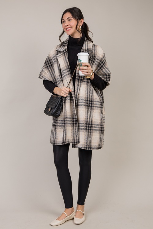 Short Sleeve Plaid Coat, Taupe