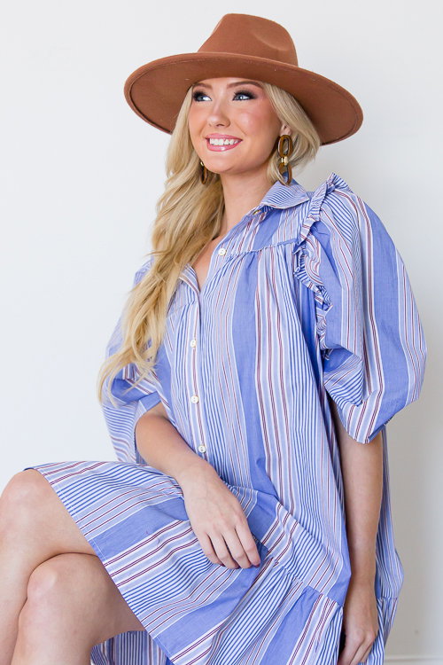Taylonsss Women's Ruffle Trim Striped Mini Dresses Summer Half Button High Waist Shirt Dress Casual Puff Sleeve Lapel Sundress