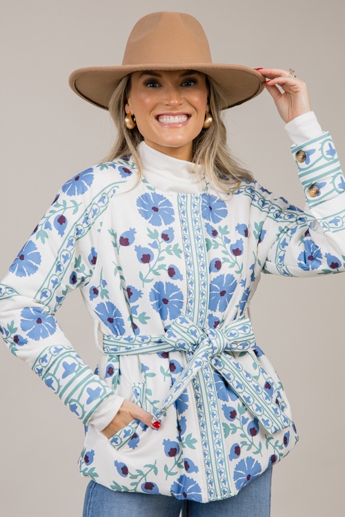 Belted Floral Button Jacket, Blue