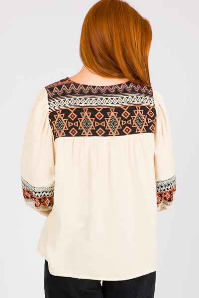 Tassel Tie Embroidery Top, Cream