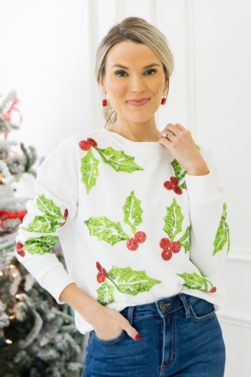 Mistletoe Sequin Sweatshirt, White