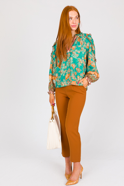 Ruffle Sleeves Floral Blouse, Green