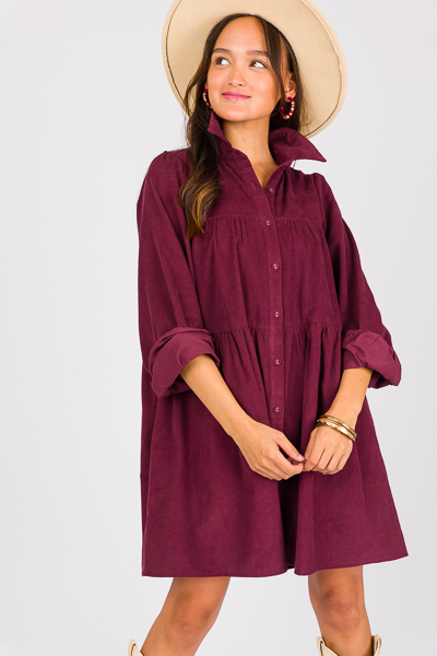 Wine Corduroy Tiered Dress