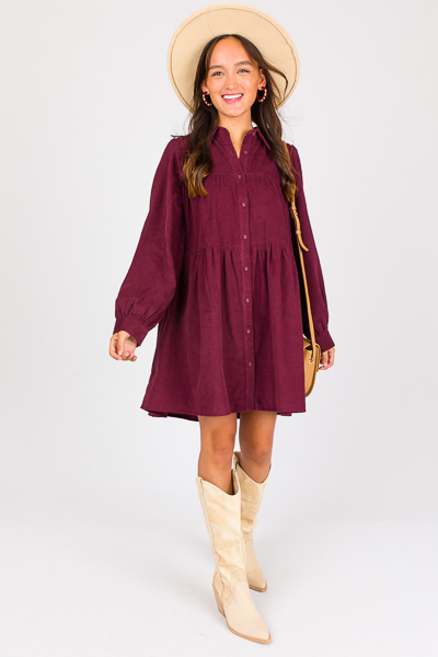 Wine Corduroy Tiered Dress