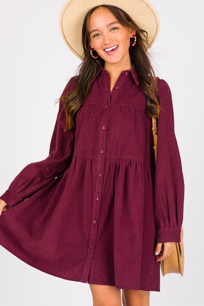 Wine Corduroy Tiered Dress