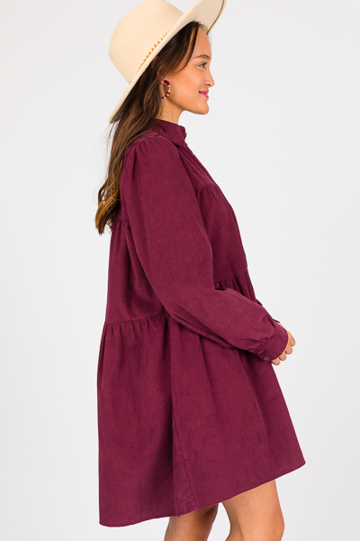 Wine Corduroy Tiered Dress