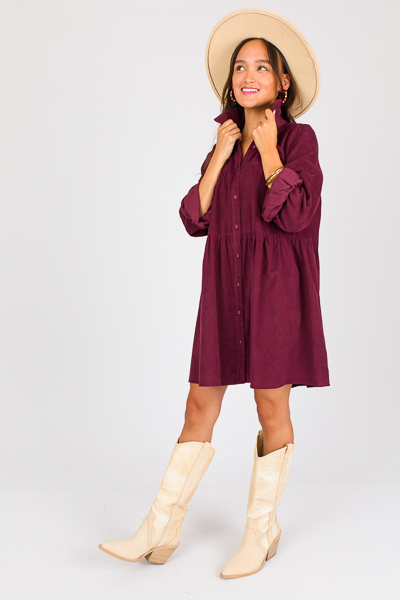 Wine Corduroy Tiered Dress