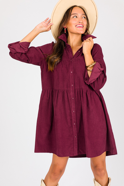 Wine Corduroy Tiered Dress