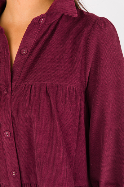 Wine Corduroy Tiered Dress