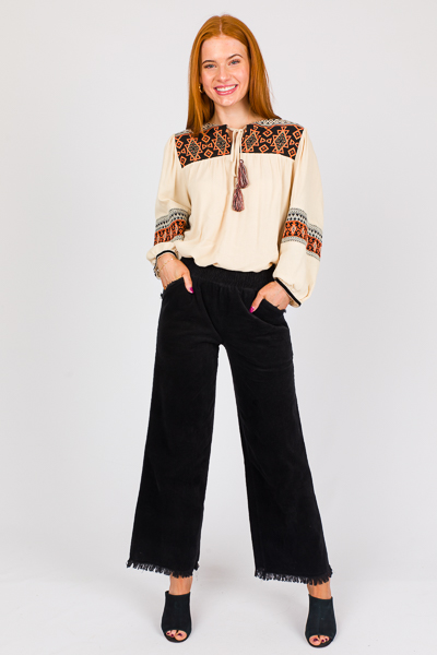 Tassel Tie Embroidery Top, Cream