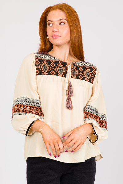 Tassel Tie Embroidery Top, Cream