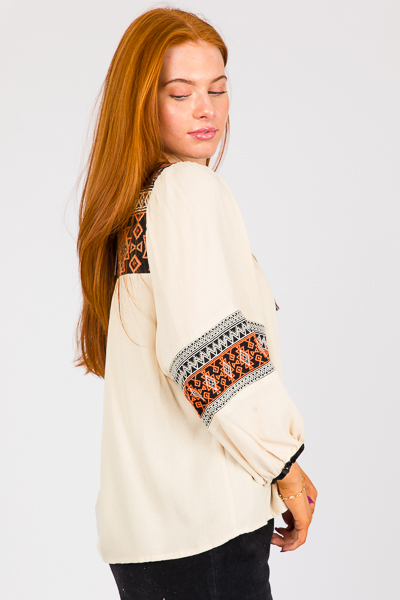 Tassel Tie Embroidery Top, Cream