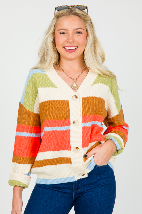 Multi Stripe Button Sweater, Brown