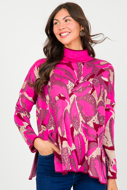 Metallic Print Sweater, Hot Pink