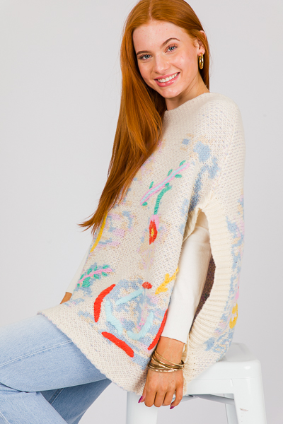 Floral Sweater Poncho, Cream