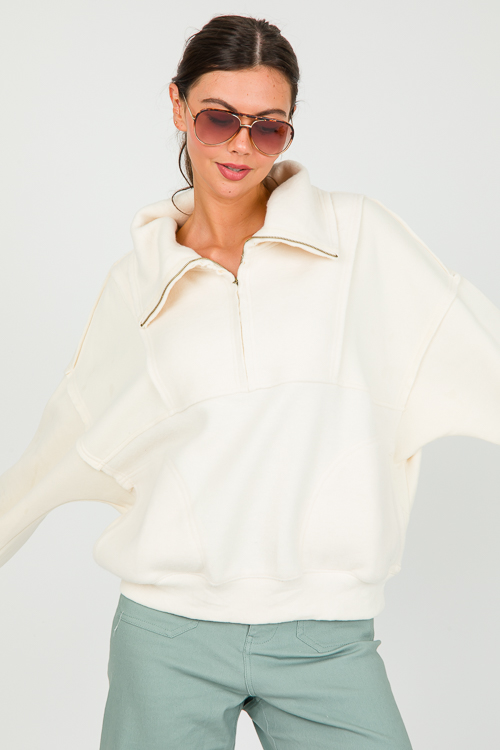 Solid Contrast Zip Pullover, Cream