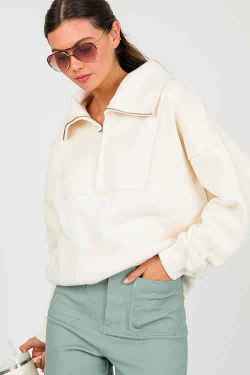 Solid Contrast Zip Pullover, Cream