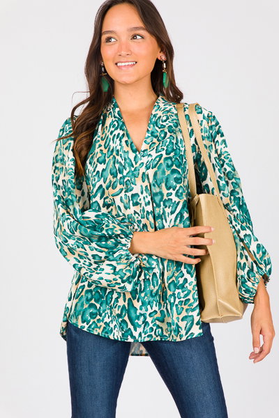 Teal Cheetah V Blouse - Tops - The Blue Door Boutique