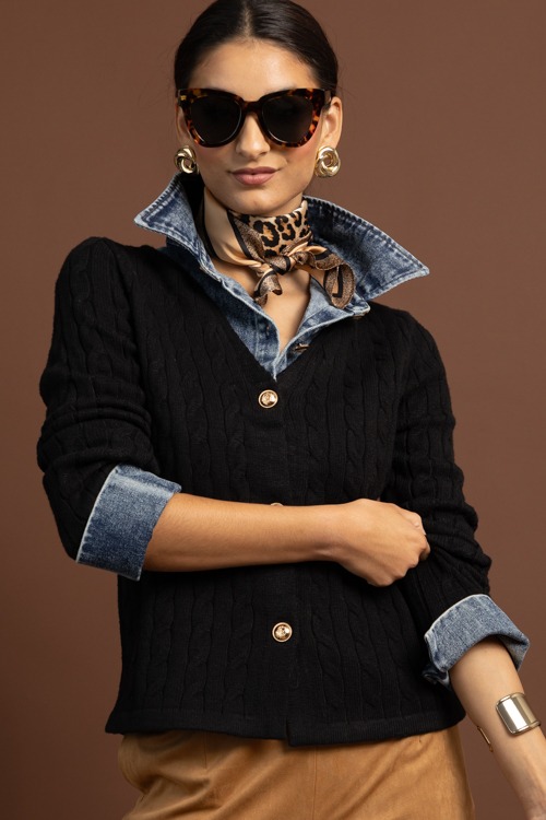 Denim Contrast Cable Sweater, Black