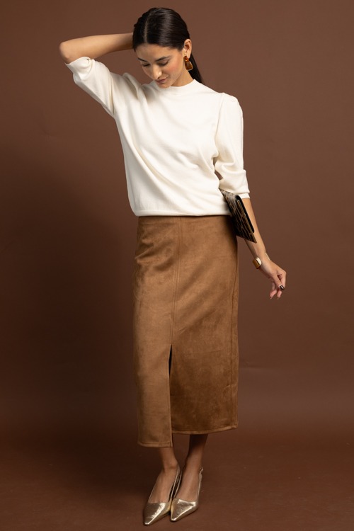 Suede Slit Midi Skirt, Tan