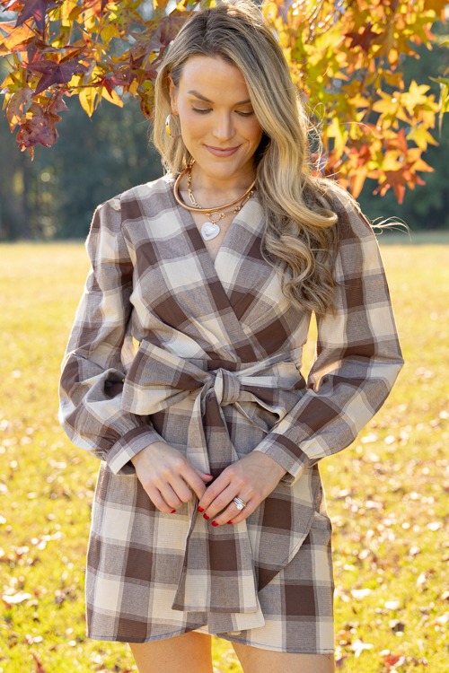 Plaid Tie Waist Dress, Brown